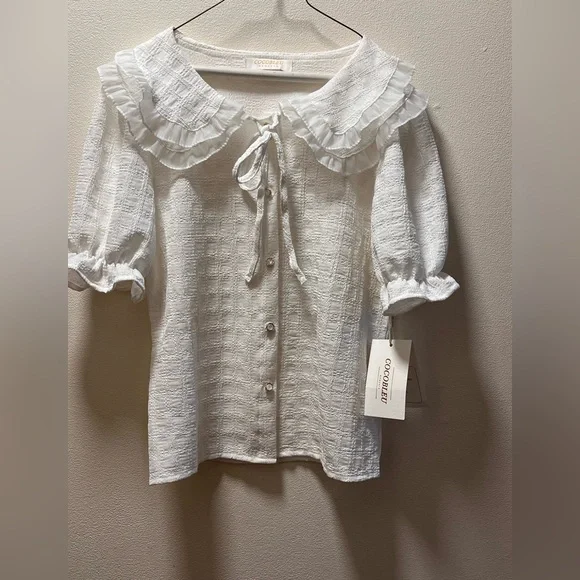 Cocobleu NY Cottagecore Button, Short Sleeve Top, Ruffled Collar, Sz S, White - Picture 1 of 9